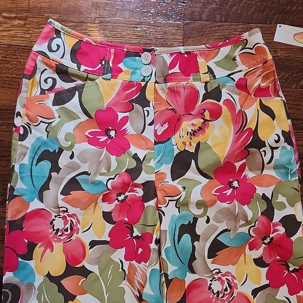 NWT Talbots Stretch Multicolored Tropical Floral Cotton Blend Pants 32